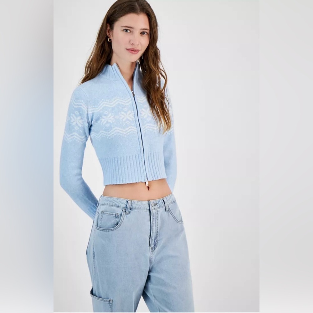 Planet Heart Fair Isle Light Blue Zip-Up Sweater sz M nwt, 002